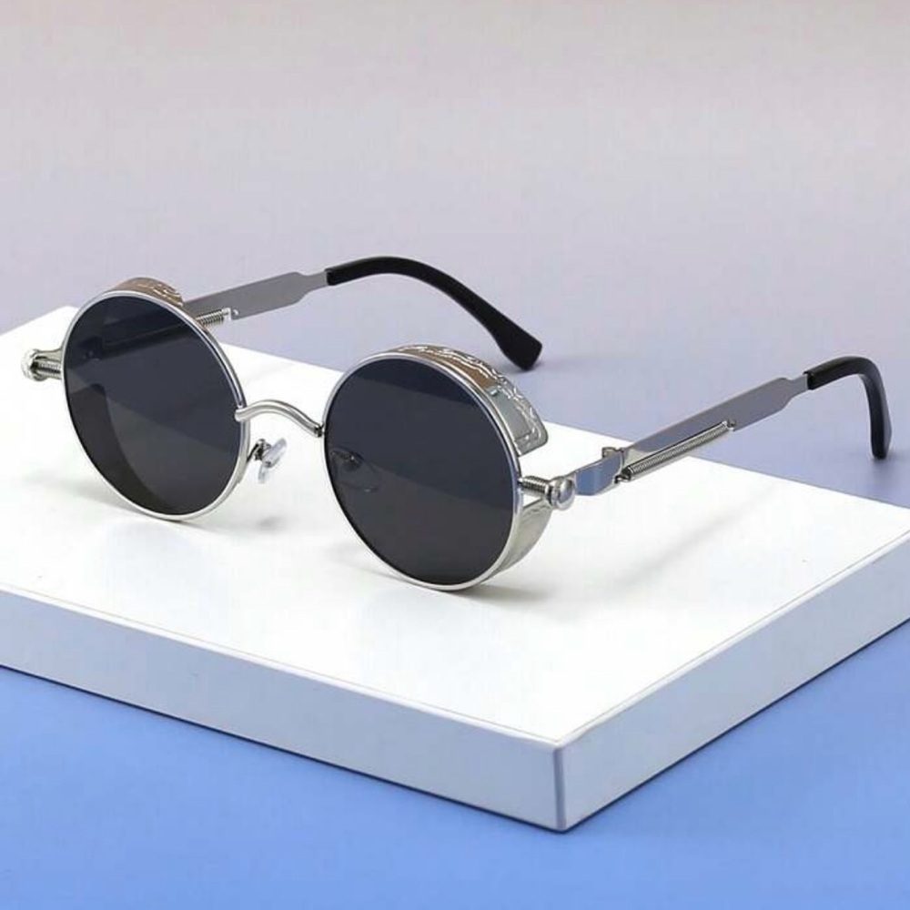 Retro  Round Steampunk Silver Metallic Sunglasses UV400 Men & Women Bikercore